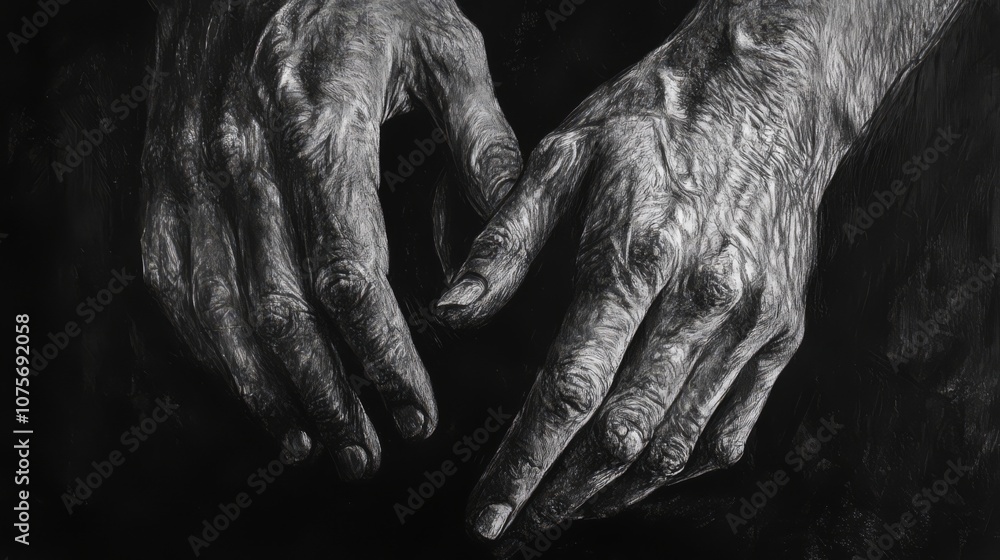 A close-up black and white drawing of two elderly hands clasped together. A close-up black and white drawing of two elderly hands clasped together.