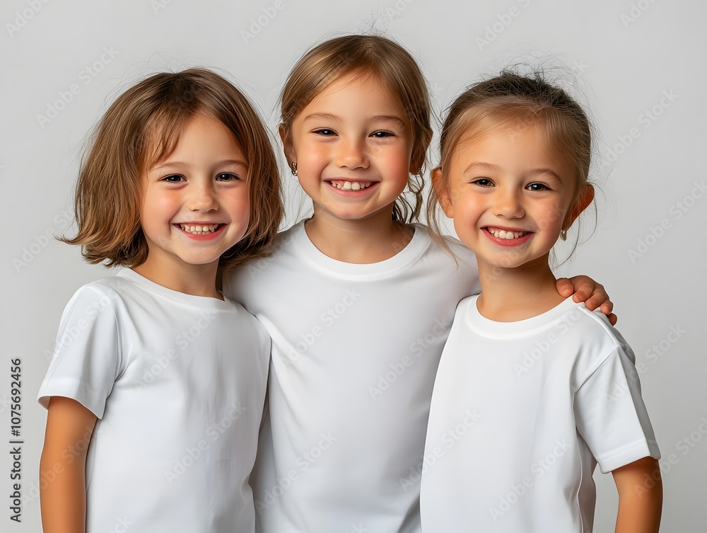 Little children wearing white t-shirts standing together on white background Little children wearing white t-shirts standing together on white background