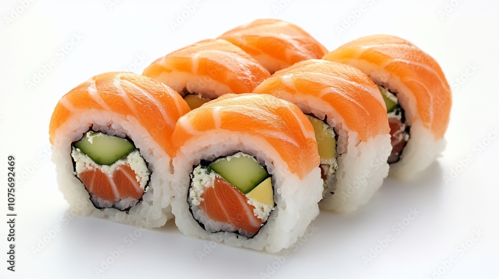 Close-up of six pieces of salmon sushi rolls on a white background. Close-up of six pieces of salmon sushi rolls on a white background.