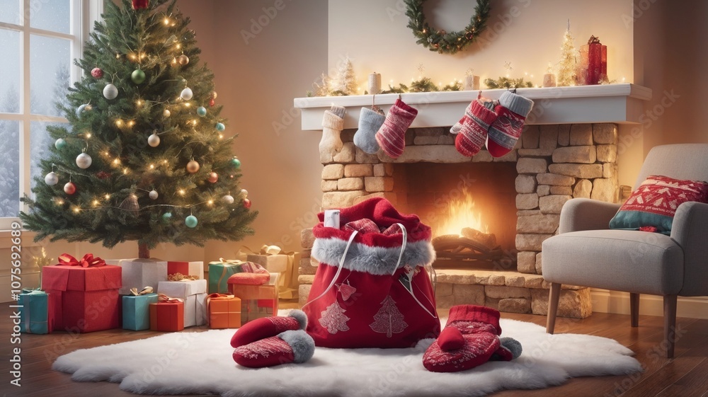Cozy Christmas scene with gifts, stockings, and a decorated tree in a warm living room Cozy Christmas scene with gifts, stockings, and a decorated tree in a warm living room