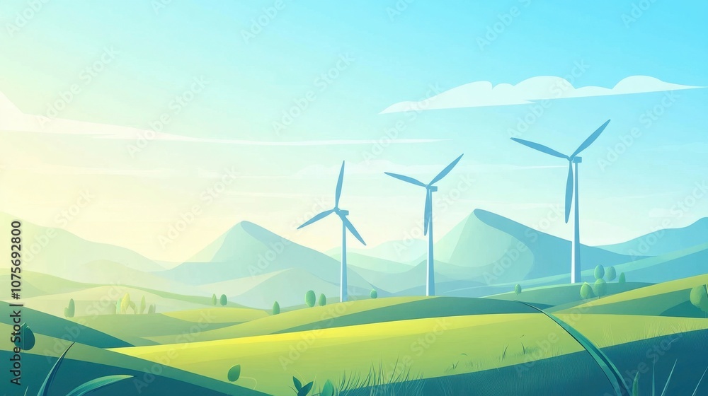 Fototapeta premium Wind turbines on rolling hills gentle slopes bright day clean background