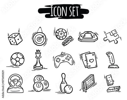 Black and white vector set of hand drawn icons of board games, entertainment and leisure. Simple signs and symbols for design, design elements for website, application, flyer