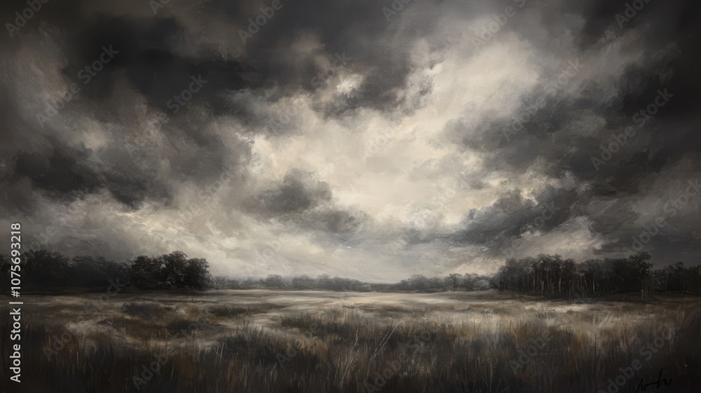 A dramatic, moody landscape with a field of tall grass in the foreground and dark clouds in the background. A dramatic, moody landscape with a field of tall grass in the foreground and dark clouds in the background.
