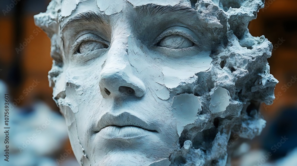A face made of stone with a lot of cracks and holes A face made of stone with a lot of cracks and holes