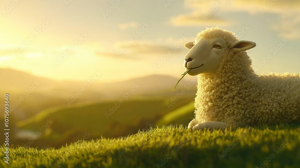 Fototapeta premium A sheep grazes in the meadow with a flower in its mouth, basking in the fading sunlight