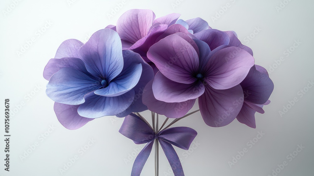 Obraz premium Purple and blue flowers with a satin ribbon bow on a white background.