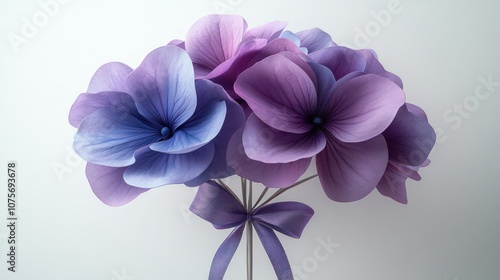 Purple and blue flowers with a satin ribbon bow on a white background.