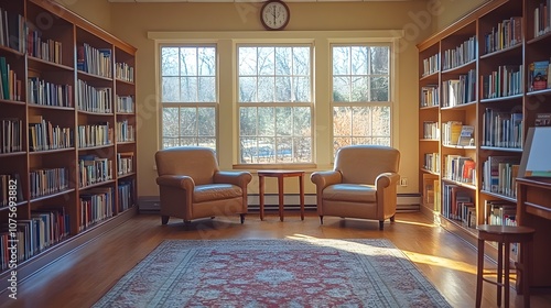 A library with two leather chairs and a clock on the wall