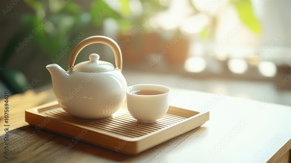white porcelain teapot with a single cup placed on a wooden tray natural light minimalist composition high-resolution ideal for lifestyle and tea-related content. white porcelain teapot with a single cup placed on a wooden tray natural light minimalist composition high-resolution ideal for lifestyle and tea-related content.