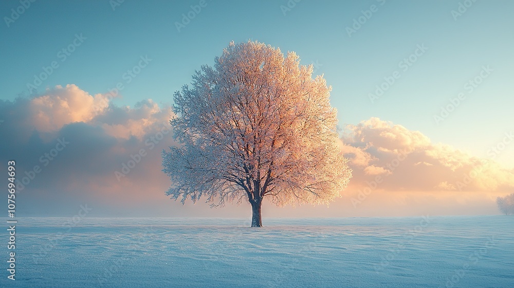 A lone tree stands amidst a snow-covered field beneath a clear blue sky and billowing clouds A lone tree stands amidst a snow-covered field beneath a clear blue sky and billowing clouds