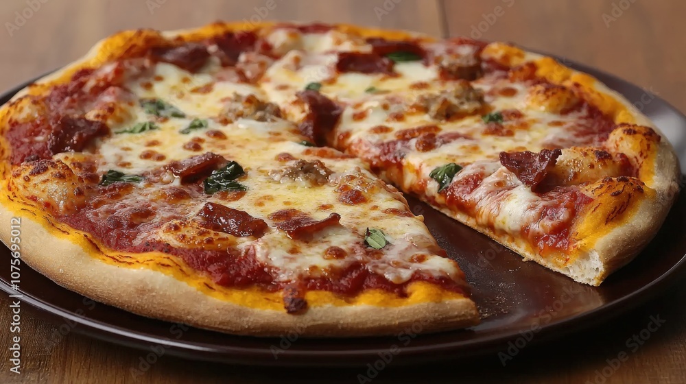 Delicious pepperoni and sausage pizza served on a wooden table with one slice removed Delicious pepperoni and sausage pizza served on a wooden table with one slice removed