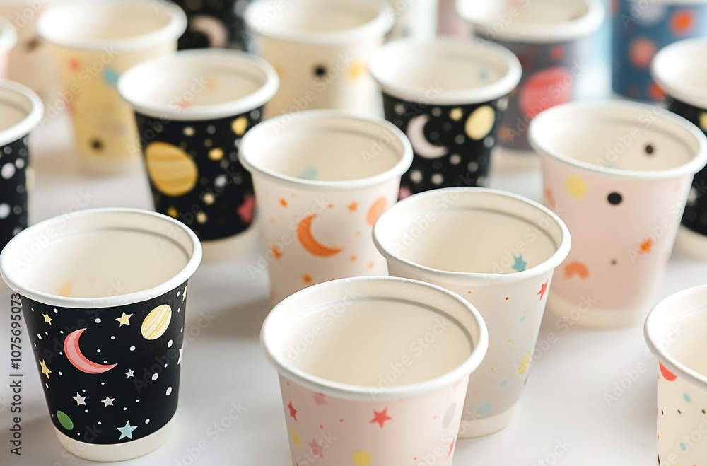 Colorful paper cups with a space theme design resting on a white surface Colorful paper cups with a space theme design resting on a white surface