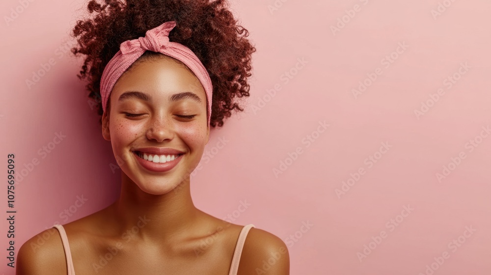 Woman smiling warmly bright background clean layout copy space Woman smiling warmly bright background clean layout copy space