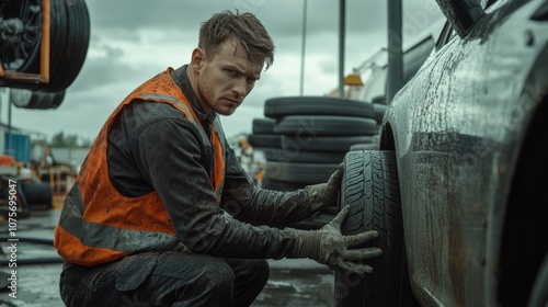 Focused mechanic in a reflective orange vest and gloves, crouching beside a vehicle, firmly holding a tire as he prepares for installation in a gritty outdoor automotive environment.