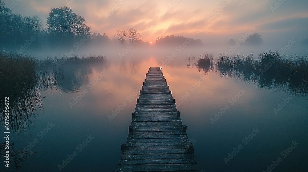 Dock in water with sunset & fog Dock in water with sunset & fog