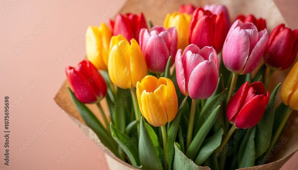 Bouquet of colorful tulips in brown paper on pink background Bouquet of colorful tulips in brown paper on pink background