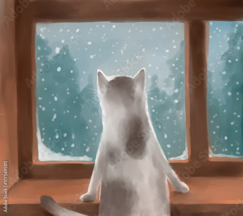 A cat is looking out the window at the snow
