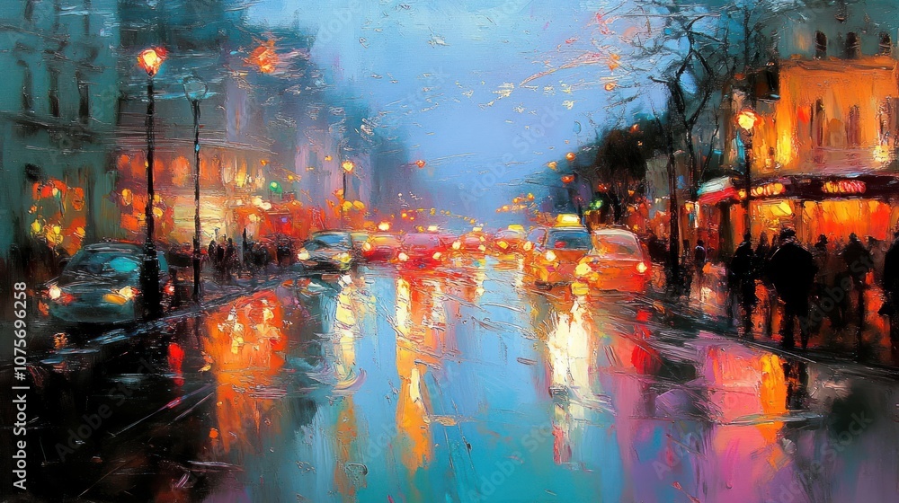 A vibrant, rainy street scene illuminated by colorful lights and reflections.
