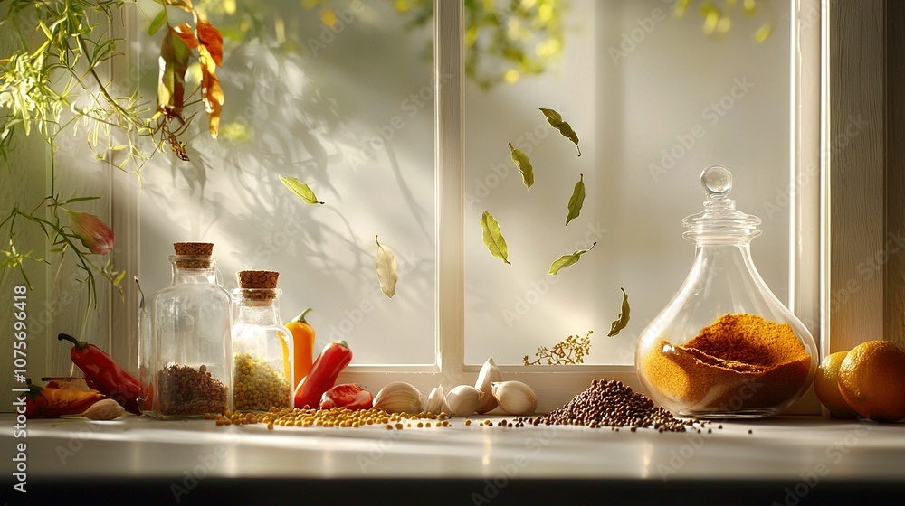 A well-organized window sill showcasing a variety of spices and herbs in neat glass bottles A well-organized window sill showcasing a variety of spices and herbs in neat glass bottles