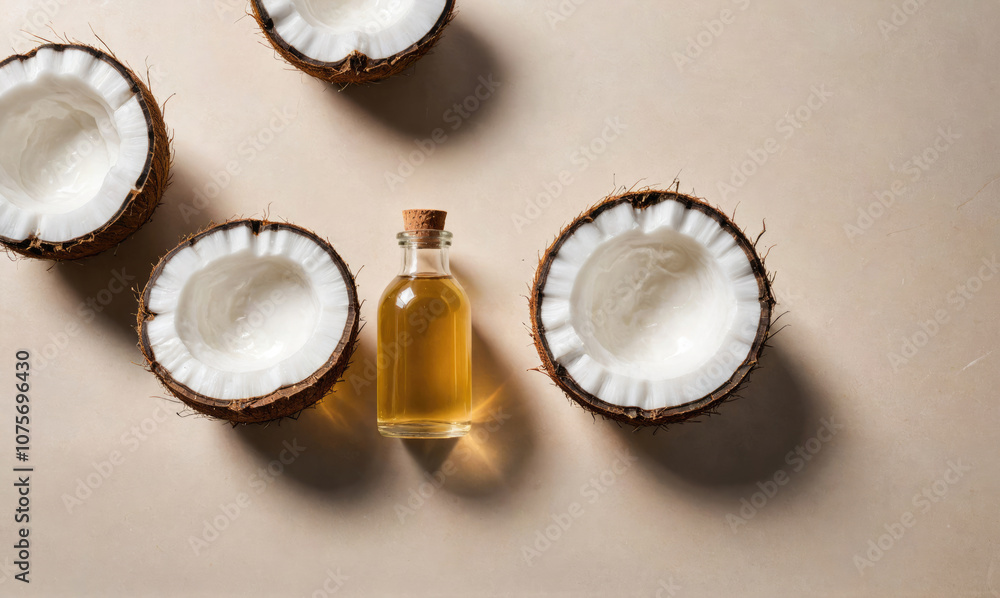 A small bottle of coconut oil sits among four coconut halves on a beige surface A small bottle of coconut oil sits among four coconut halves on a beige surface