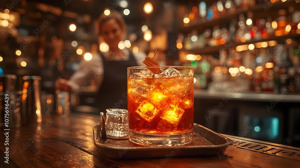 A woman is standing behind a bar with a glass of drink in front of her A woman is standing behind a bar with a glass of drink in front of her