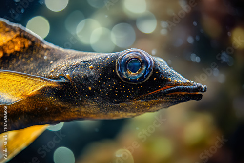 Fish with a blue eye is swimming in the water. The fish has a unique appearance with a long, thin body and a pointed snout. The blue eye is the focal point of the image photo