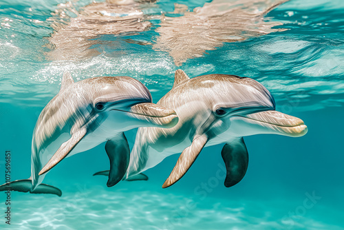 Two dolphins are swimming in the ocean, one of them is smiling. Scene is happy and joyful photo