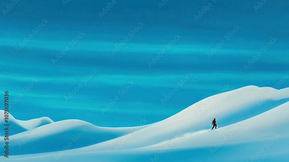Obraz premium A person atop a snowy hill during midday, under a blue sky