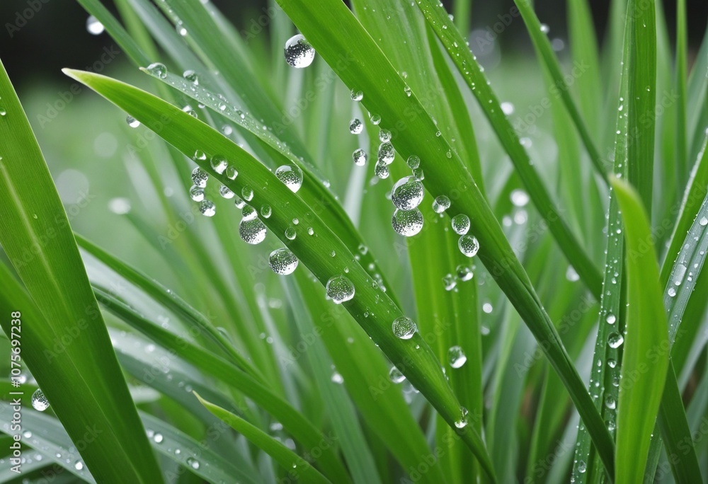 Fresh Dew Drops on Lush Green Grass Blades in Morning Calmness Fresh Dew Drops on Lush Green Grass Blades in Morning Calmness
