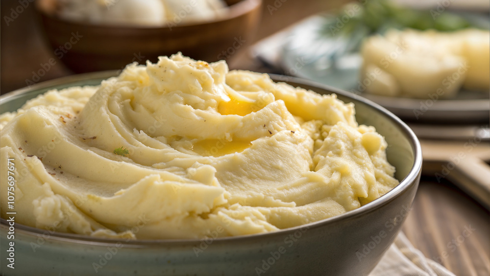 Rich buttery mashed potatoes in bowl, creamy texture, comforting side dish for meals Rich buttery mashed potatoes in bowl, creamy texture, comforting side dish for meals