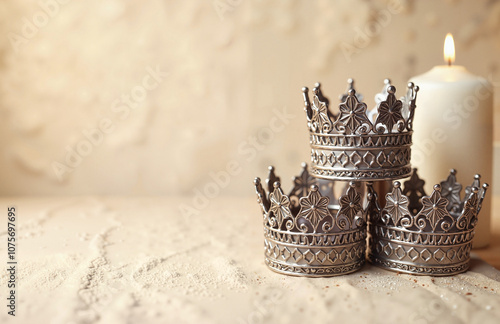 Decorative forged crowns of the Three Kings of Epiphany on a light textured surface with a lit candle create a soft and elegant atmosphere.