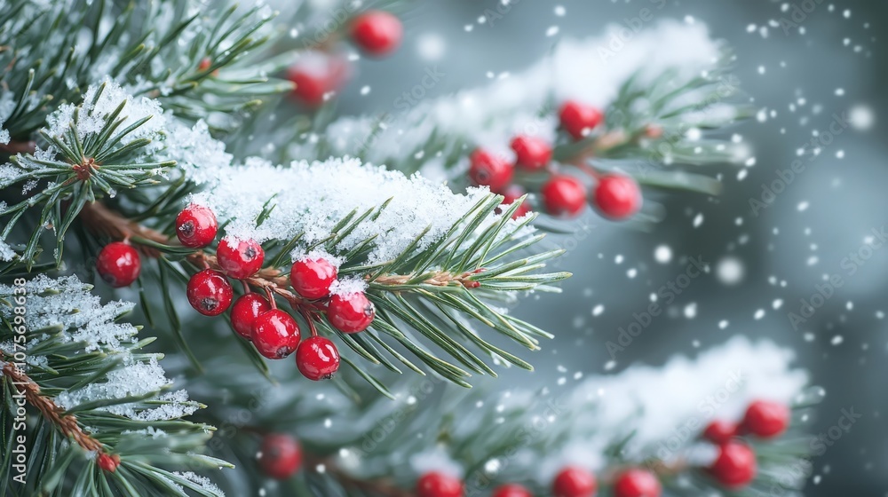 Snow-covered pine branches with bright red berries during winter in a serene landscape Snow-covered pine branches with bright red berries during winter in a serene landscape