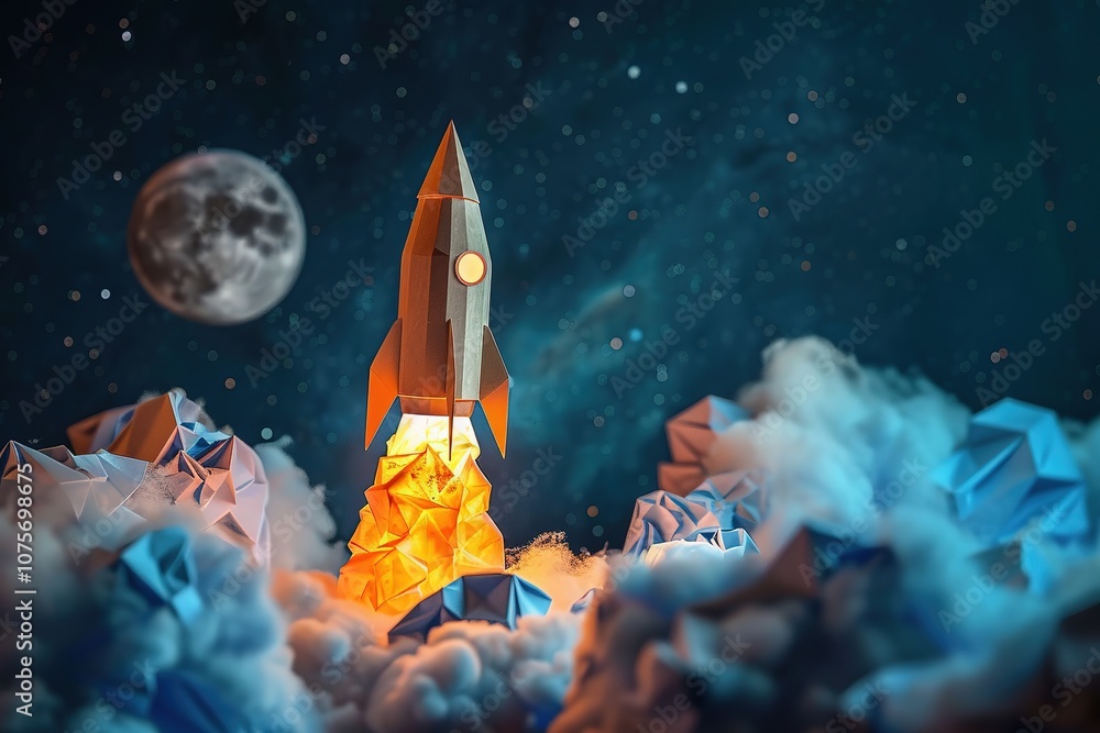 Fototapeta premium Rocket taking off from crumpled paper, 3D Rendering, Ai Generated