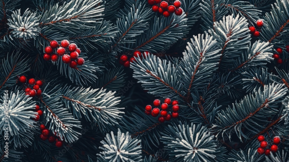 Winter evergreen branches adorned with red berries in a frosty setting Winter evergreen branches adorned with red berries in a frosty setting