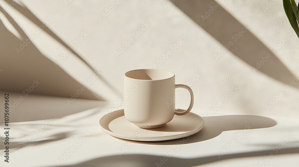 A white cup and saucer resting atop a saucer, set against a white backdrop, casting a shadow of a nearby plant A white cup and saucer resting atop a saucer, set against a white backdrop, casting a shadow of a nearby plant
