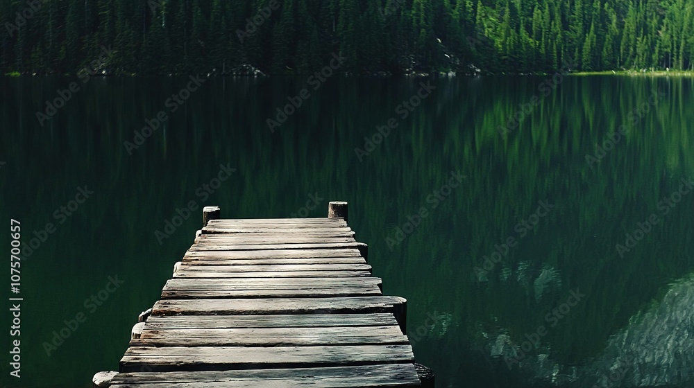Obraz premium Wooden dock by lake with green forest trees