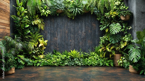 Lush green wall with various plants and a wooden backdrop, ideal for photography or decor.