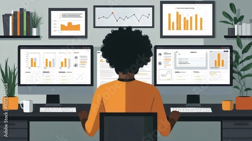 A woman is sitting at a desk with three computer monitors in front of her