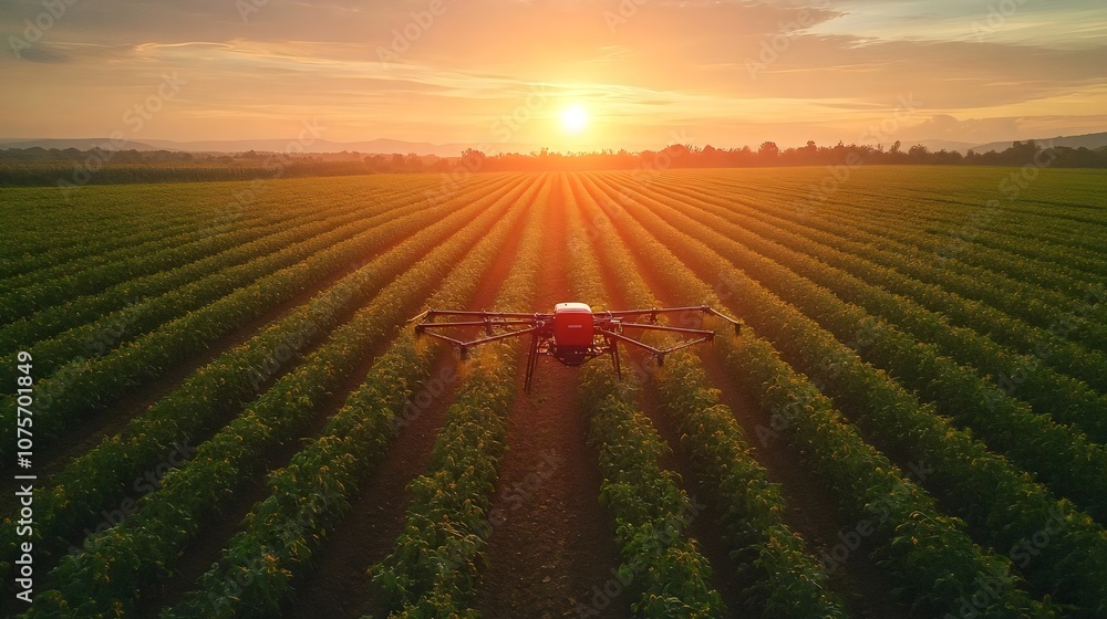 A drone is flying over a field of green crops A drone is flying over a field of green crops