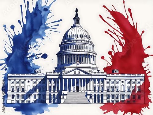 An illustration of the U.S. Capitol building in red and blue colors. Democrat and Republican (6) photo