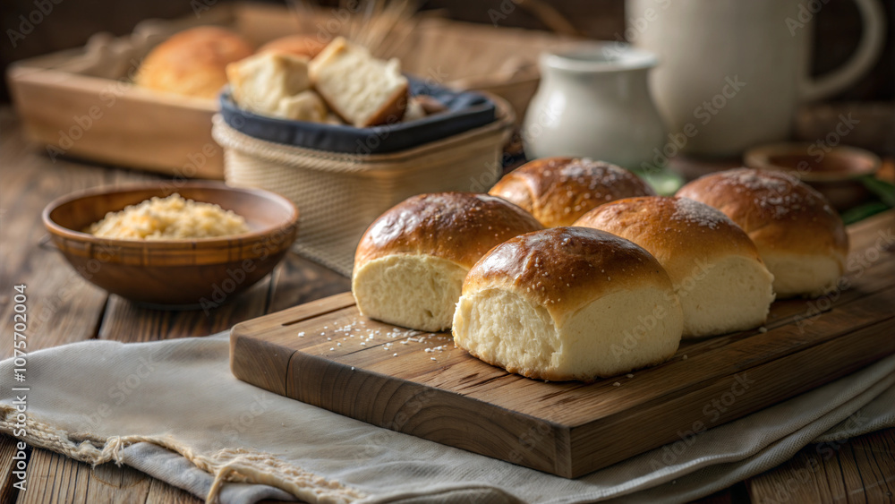 Soft dinner rolls on wooden board with butter and cream, comforting homemade bakery treat Soft dinner rolls on wooden board with butter and cream, comforting homemade bakery treat