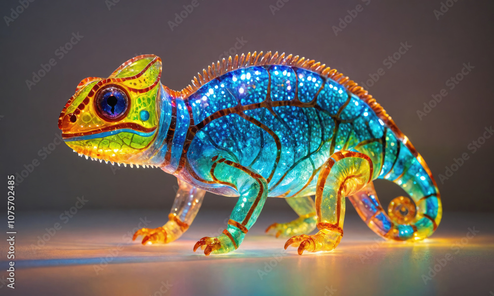 A colorful glass chameleon figurine sits on a table, illuminated by warm light A colorful glass chameleon figurine sits on a table, illuminated by warm light