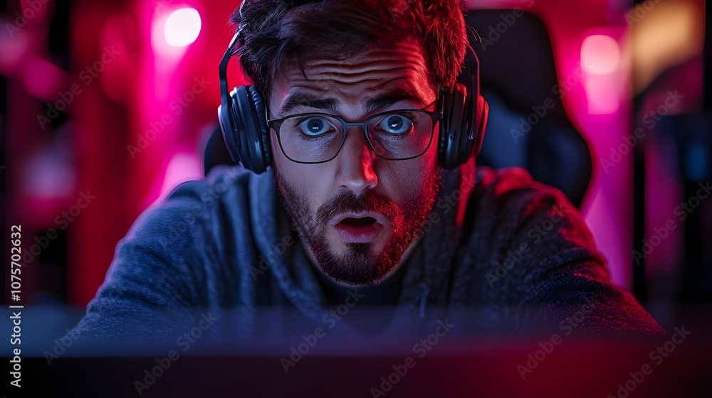 A man wearing headphones and glasses is playing a video game A man wearing headphones and glasses is playing a video game