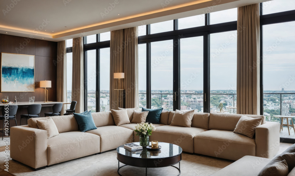 Fototapeta premium A modern living room with a large sectional sofa, coffee table, and city views from floor-to-ceiling windows