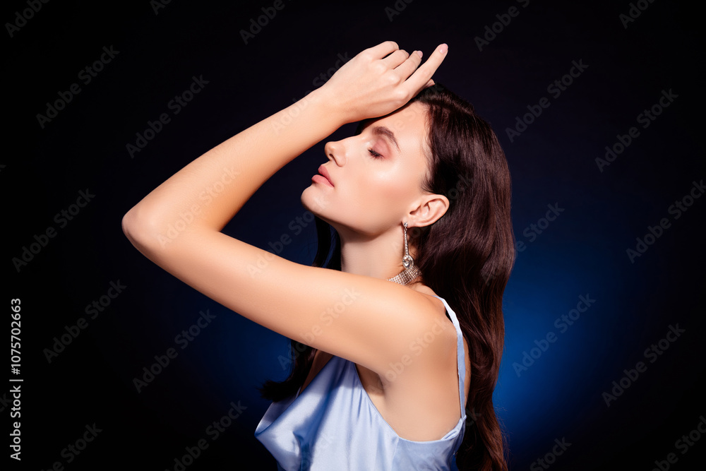 Photo of girl stand profile side touch hand head close eyes isolated dark color background Photo of girl stand profile side touch hand head close eyes isolated dark color background
