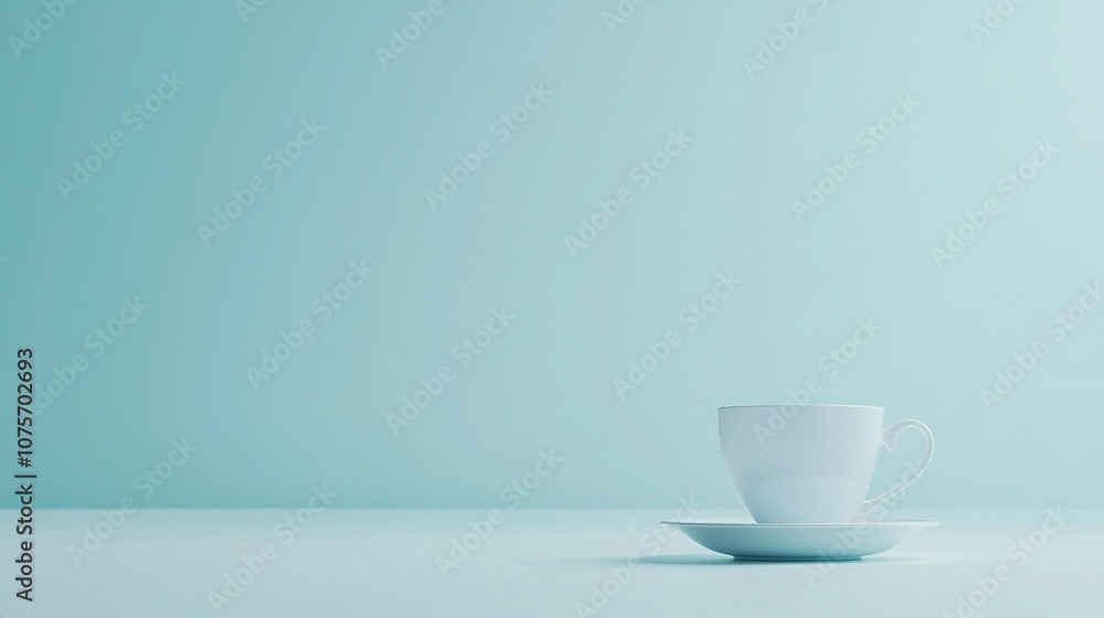 A white coffee cup sits atop a white table, with a green wall in the background and a white saucer underneath A white coffee cup sits atop a white table, with a green wall in the background and a white saucer underneath