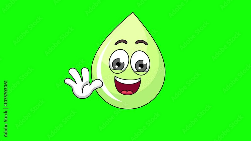 Waving hand animation of a melon juice drop cartoon, mascot character on green screen Waving hand animation of a melon juice drop cartoon, mascot character on green screen
