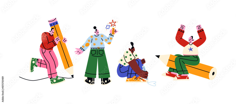 Fototapeta premium Cartoon characters creative children with pencils in their hands. Artists teenagers drawing and writing with a pencil. Graphic designers, people who are engaged in creativity and graphics