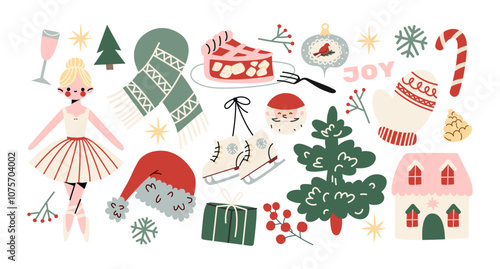 Christmas new year stickers in cartoon style. Holiday gifts, santa, christmas tree, coziness. Holiday seasonal vector illustrations in retro Scandinavian groovy style