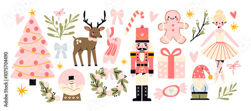 Christmas new year stickers in cartoon style.Cute pink items holiday gifts, nutcracker christmas tree, gingerbread, ballerina. Holiday seasonal vector illustrations in retro Scandinavian groovy style